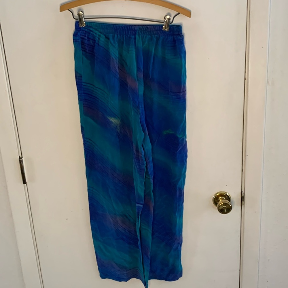 A Touch of Class blue green purple silk pants with elastic waistband Size S/M
